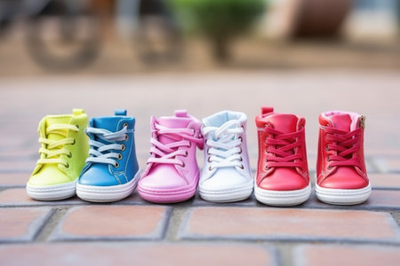 childhood footwear in variety of colors, created with generative aiの素材