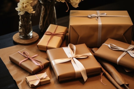 stationery gifts wrapped in brown paper, created with generative aiの素材