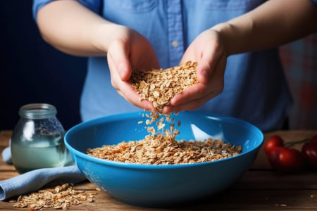 mans hand pouring a granola mix into a blue ceramic bowl, created with generative aiの素材