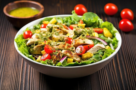 grilled chicken salad mixed with ripe avocado and corn, created with generative aiの素材