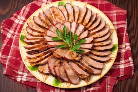thick slices of grilled duck arranged in a circular pattern on a plate, created with generative aiの素材