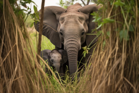 mother elephant protecting her calf among brush, created with generative aiの素材
