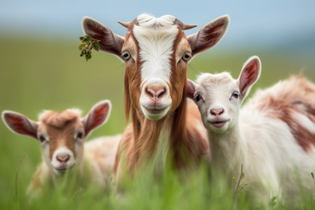 close-up of nanny-goat with kids in green pastures, created with generative aiの素材