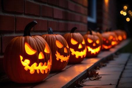 a row of lit jack-o-lanterns lined on a doorstep, created with generative aiの素材