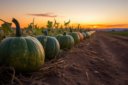 a row of different-sized pumpkins lit by sunset, created with generative aiの素材