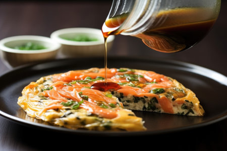 dipping a piece of kimchi pancake into dipping sauce, created with generative aiの素材
