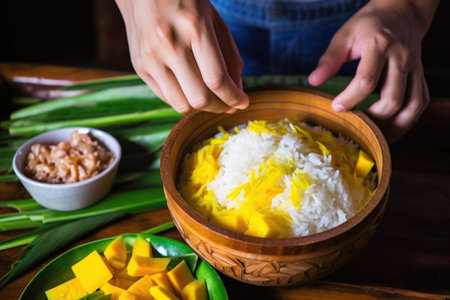 hand adding fresh mango chunks to a bowl of already made sticky rice, created with generative aiの素材