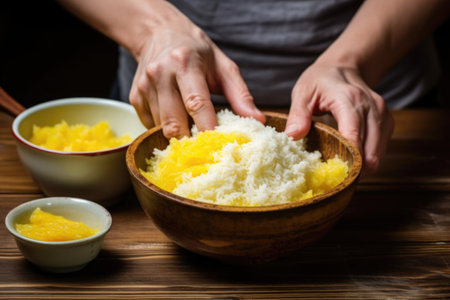 hand preparing to spoon from a bowl of mango sticky rice, created with generative aiの素材