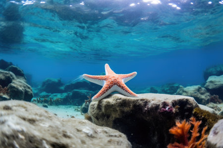 close-up of a starfish clinging to an underwater rock, created with generative aiの素材