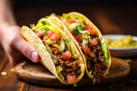 hand holding a taco, showing the fillings inside, created with generative aiの素材