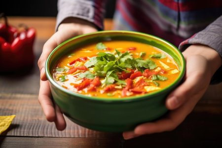 hand carrying a bowl of tortilla soup to serve, created with generative aiの素材