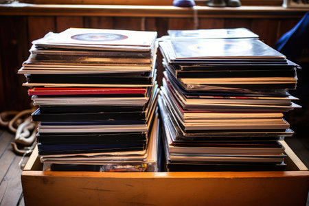 a pile of neatly arranged vinyl records, created with generative aiの素材