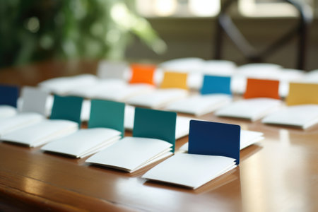 blank name tags on a table, created with generative aiの素材