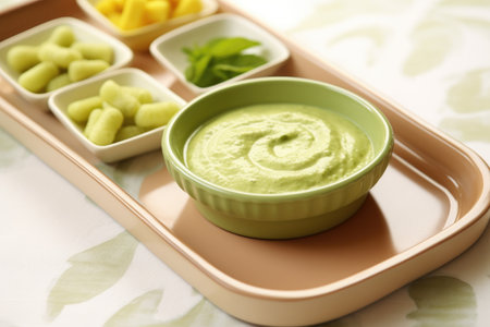 pureed peas in a small toddler plate, created with generative aiの素材