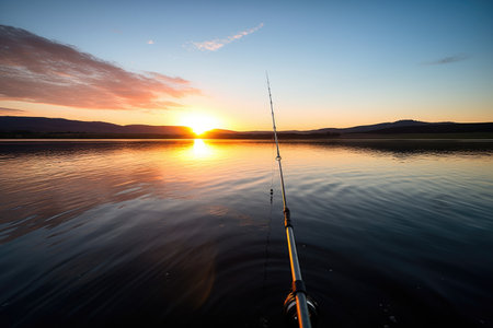 fishing rod casting into a calm lake at sunrise, created with generative aiの素材