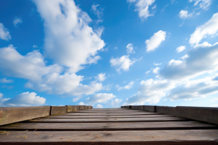 perspective view of ascending wooden steps, bright sky beyond, created with generative aiの素材