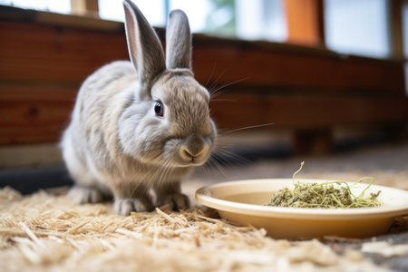 rabbit eating from a feed bowl, created with generative aiの素材