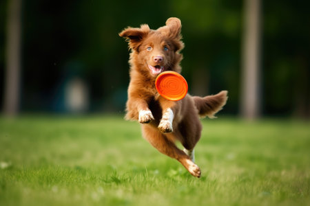 puppy fetching a thrown frisbee, created with generative aiの素材