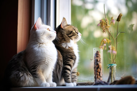 cats on a windowsill watching birds in a feeder outside, created with generative aiの素材