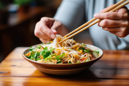 hand using chopsticks to grab noodles from pho bowl, created with generative aiの素材