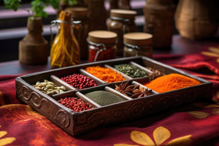 exotic spices in a tray next to a woven mat, created with generative aiの素材