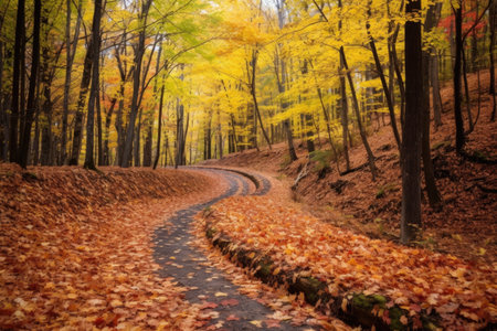 crunchy autumn leaves covering a winding path in a forest, created with generative aiの素材