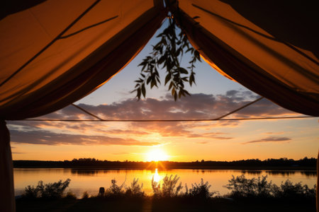 beautiful sunset view through a wedding tent, created with generative aiの素材