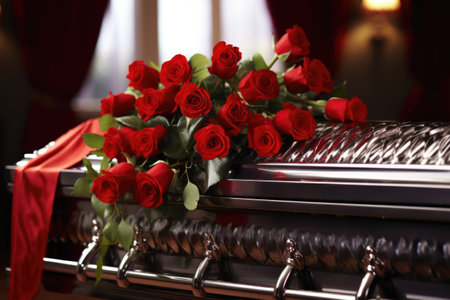 closed casket adorned with a red rose bouquet, created with generative aiの素材
