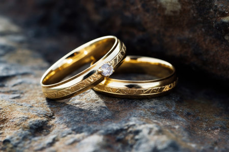 two gold wedding rings on a rough granite stone under natural light, created with generative aiの素材