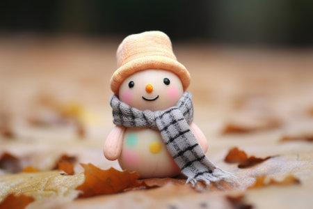 miniature clay snowman with a pastel-colored hat and scarf, created with generative aiの素材