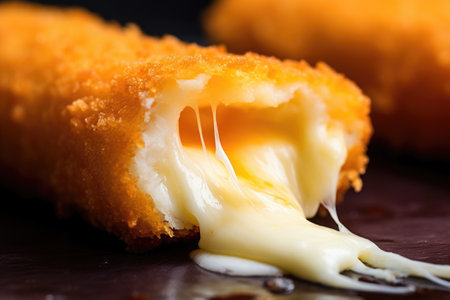 a close-up of a bitten mozzarella stick exposing the cheese, created with generative aiの素材