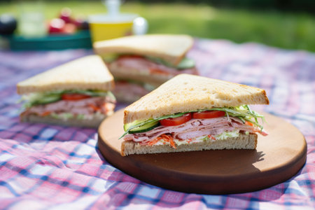 two sandwiches with coleslaw on a picnic blanket, created with generative aiの素材