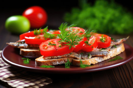 marinated anchovies sandwich with tomato and cucumber, created with generative aiの素材