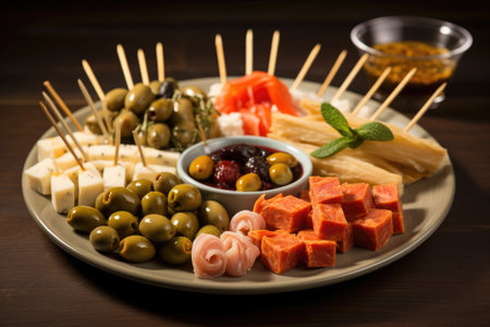 assorted tapas with toothpicks centrally placed in a plate, created with generative aiの素材