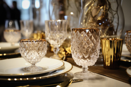 gold-accented white dishes and clear crystal glasses, created with generative aiの素材