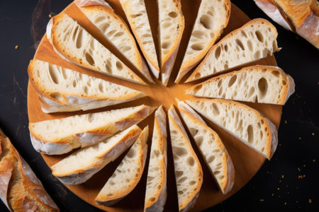 circular slices of french baguette from above, created with generative aiの素材