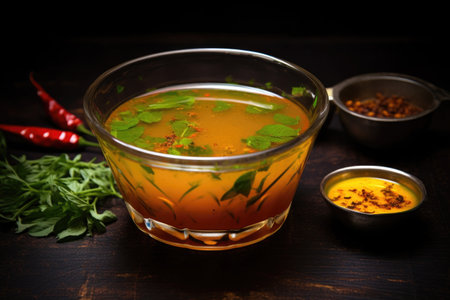 rasam soup in a glass bowl, created with generative aiの素材