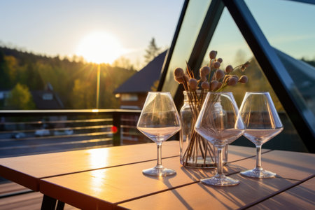 wine glasses on table, a-frame house loft balcony, created with generative aiの素材