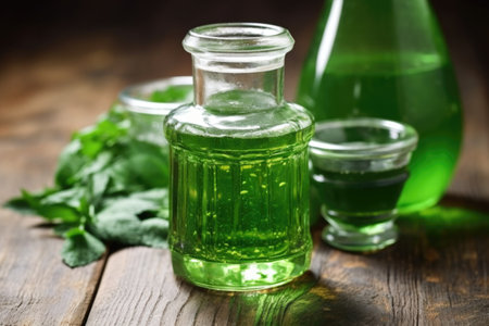 close-up of green absinthe in a glass jar, created with generative aiの素材