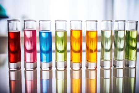 vials containing various colored alcohol tests lined up, created with generative aiの素材