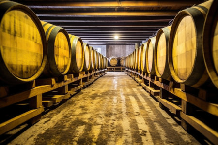 collection of whiskey barrels in a distillery, created with generative aiの素材