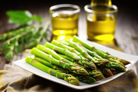 closeup of asparagus tips glistening with olive oil, created with generative aiの素材