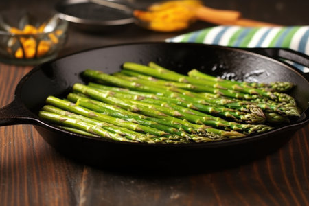grilled asparagus tips in a cast iron skillet, created with generative aiの素材