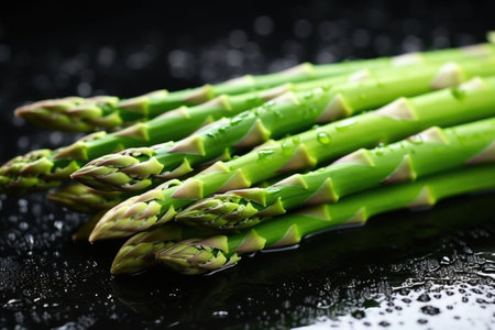 a bundle of asparagus with water droplets, created with generative aiの素材