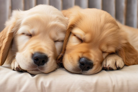 two golden retriever puppies sleeping side by side, created with generative aiの素材