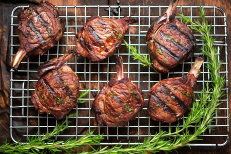 overhead shot of barbecued lamb chops on a cooling rack, created with generative aiの素材