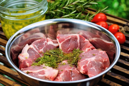 lamb chops marinating in a bowl next to a grill, created with generative aiの素材