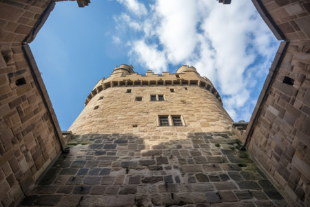 wide angle view of a castle seen from below, created with generative aiの素材