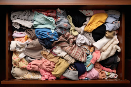 high angle view of a dresser filled with baby clothes folded neatly, created with generative aiの素材