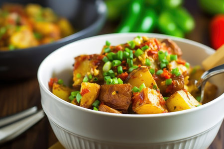 close-up of a spoon in a bowl of barbecue potato salad, created with generative aiの素材